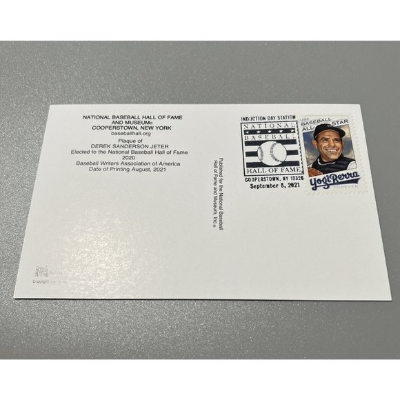 DEREK JETER COOPERSTOWN HALL OF FAME YOGI BERRA POSTAGE STAMP POST CARD - Picture 1 of 4